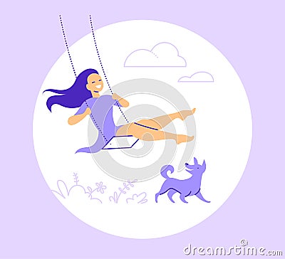 Vector illustration with young smiling girl swing on a swing on nature Vector Illustration